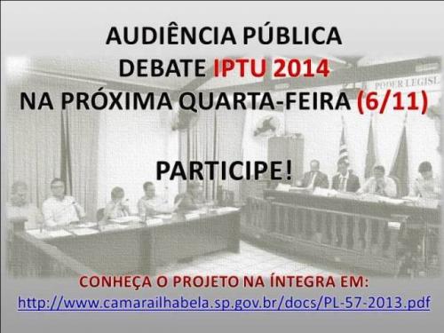 Câmara debate Projeto de IPTU 2014 em Audiência Pública na quarta-feira