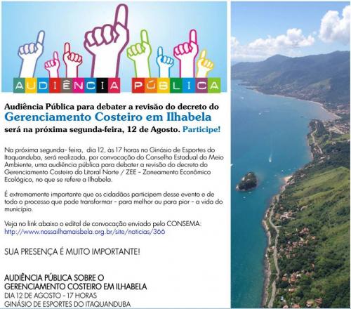 Audiência Pública para debater a revisão do decreto do Gerenciamento Costeiro em Ilhabela.
